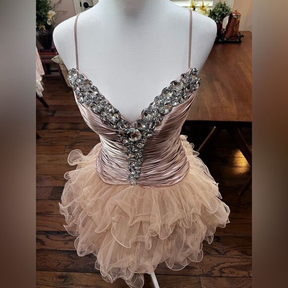 Sherri Hill Beaded Tulle Mini Dress Nude Taupe Rhinestone Corset Size 8 Glam - Picture 9 of 16